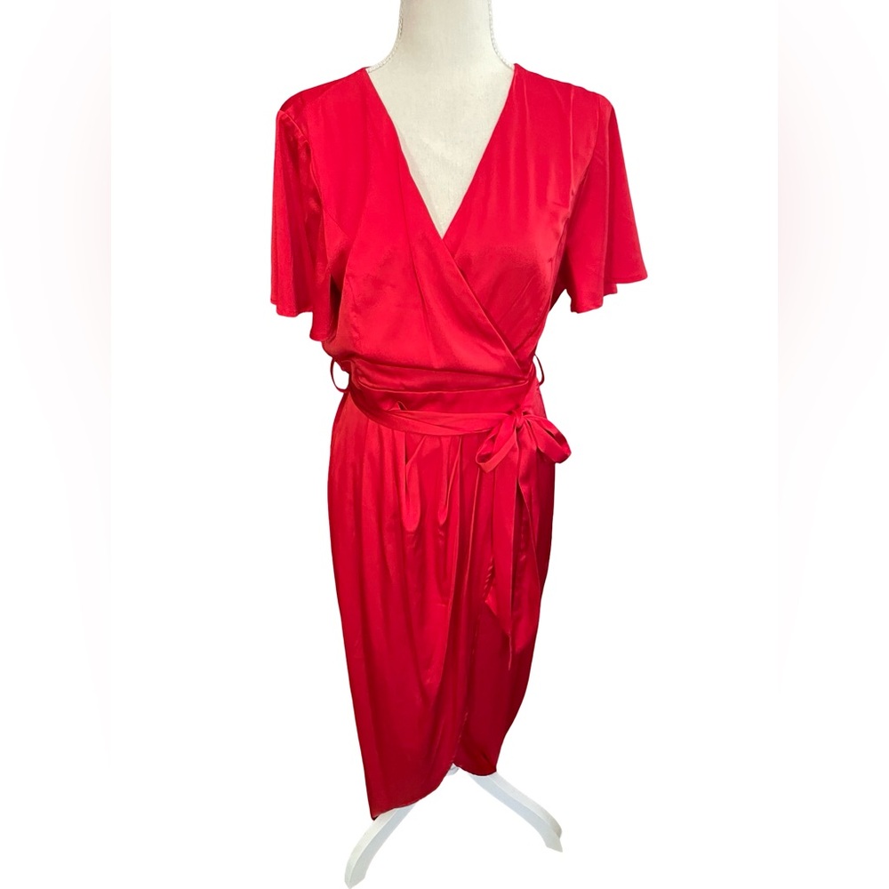 Zesica Red Satin faux wrap Dress LARGE short sleeve stretch V Neck belt zipper - Picture 3 of 16